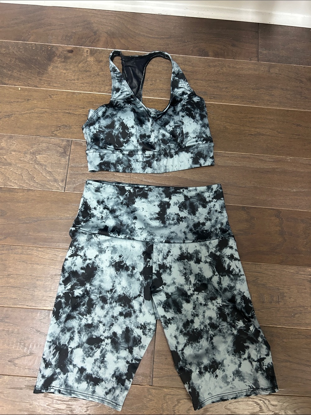 Onzie Black and Light Blue Tie-Dye Sports Bra and Bike Shorts Set